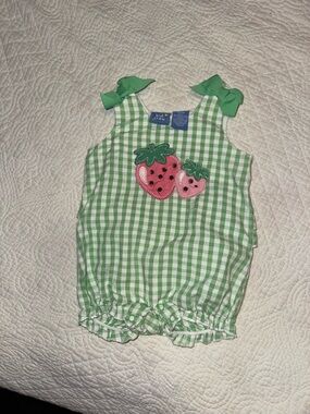 Green Gingham Strawberry Romper
